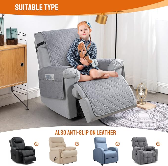 VANSOFY 100% Waterproof Recliner Chair Covers, Recliner Cover Non-Slip Dog Chair Cover Furniture Protector Washable Slipcover with Pocket, Elastic Straps for Pets, Dogs(Light Gray, 20")
