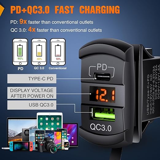 Nilight 3 Gang Rocker Switch Box 12V SPST ON Off Toggle Switches PD Type C and QC 3.0 USB Sockcet Voltmeter Orange LED Light Waterproof Aluminum Mount Bracket Panel DIY Stickers for Boat Car RV Truck