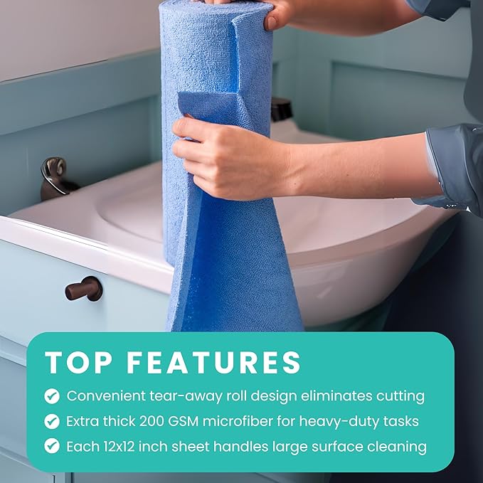 Microfiber Cleaning Cloth Roll Tearaway, 50 PCS Tear Away Towels, Reusable & Washable, Ultra Absorbent 12" x 5.5" Dish Rags for Car, Home, Kitchen, , 200 GSM Thickness, Paper Towel Alternative