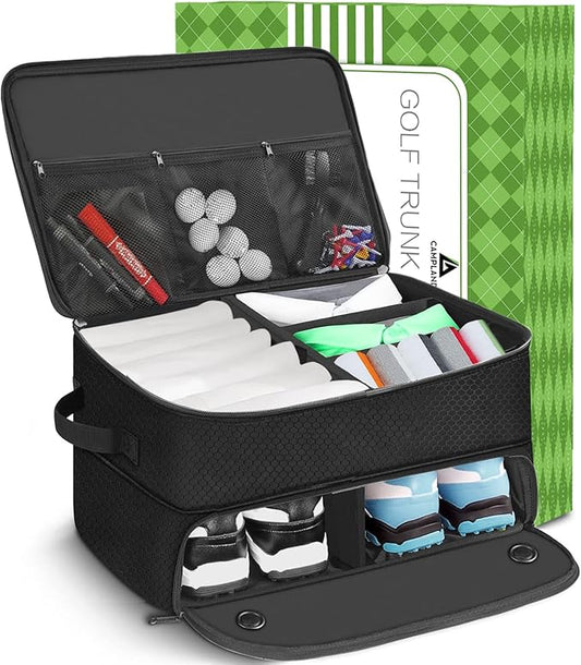 CAMPLAND 2 Layer Trunk Organizer, Waterproof Car Locker for 2 Pair Shoes, Durable Trunk Storage for Balls, Tees, Clothes, Gloves, Accessories, Golf Gifts