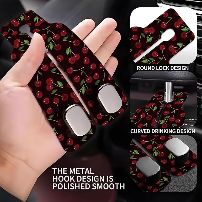 Car Seat Back Storage Headrest Hook, Premium Leather Double Metal Hook, Hanger Storage Organizer for Purse Cloth Bag, Car Interior Accessories Black Red Cherry