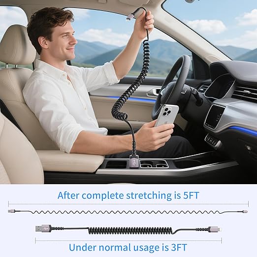 3 Pack Coiled Lightning Cable for Car [MFi Certified] Retractable iPhone Charger Apple CarPlay USB to Lightning Cord Fast Charging for iPhone 14 13 12 11 Pro Max Mini XR XS 8 SE