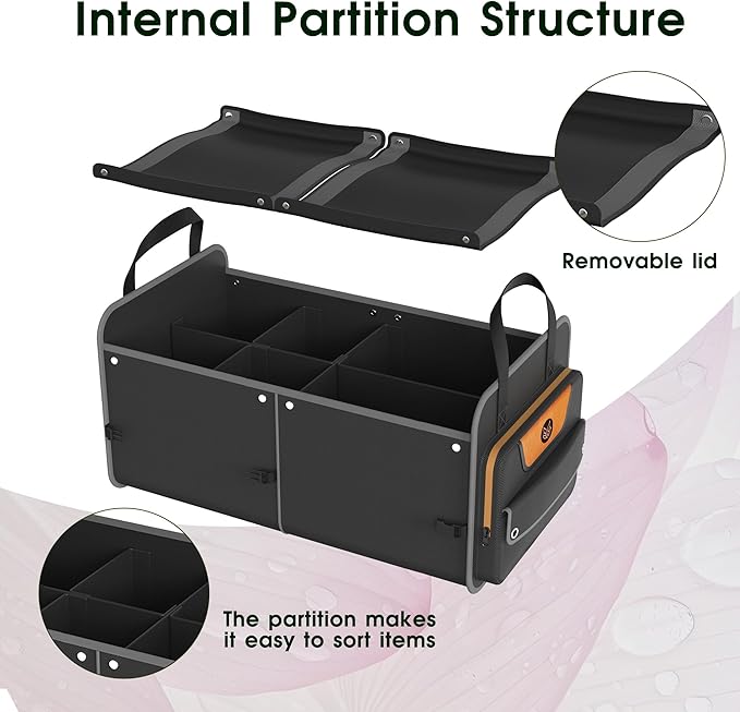 Car Trunk Organizer for SUV, 70L Heavy Duty Waterproof Trunk Organizer, Foldable Vehicle Organizer with Anti-Slip Base, 24”x13.8”x11.8”, BLACK-M003