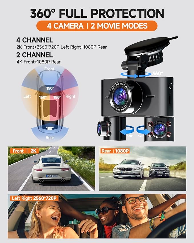 Dash Cam 360°, 4 Channel Camera for Cars Front and Rear Inside, 2K FHD Mini Dashcam, 5G WiFi, GPS, Free 64G Card, Voice Control, WDR, HDR, Night Vision, 24/7 Parking Mode(Upgraded Version V7PLUS)