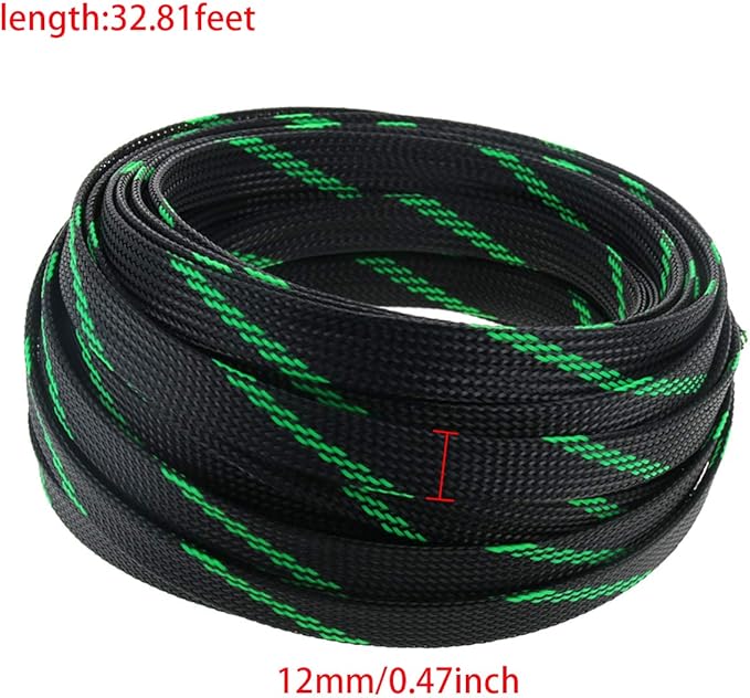 Aicosineg Black and Fluorescent Green PET Braided Sleeving 32.81 Ft Length 0.47 Inch Flat Width Cable Sleeve for Protect Cable 1Pcs