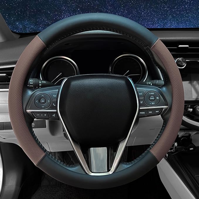 Steering Wheel Cover Standard Size 14.5-15 inch, Non-Slip Car Wheel Cover Protector, Breathable Microfiber Leather, Black and Chocolate Brown