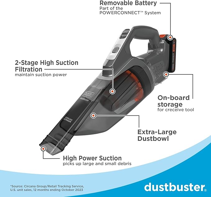 BLACK+DECKER 20V dustbuster Small Vacuum Cleaner Portable Vacuum Hand Held Cordless for Home and Car, Includes Rechargeable Battery (BCHV001C1)