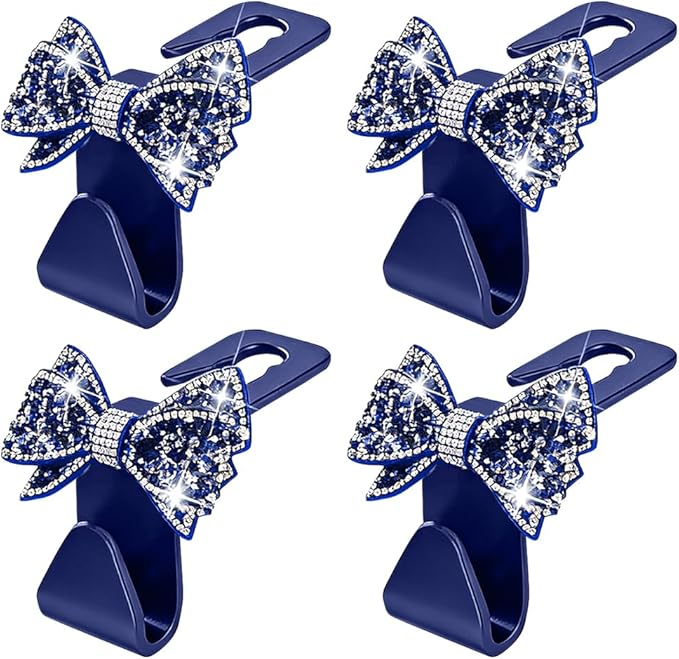 Zpana Bling Car Headreat Hook, 2PCS Crystal Rhinestone Cute Bow Vehicle Seat Back Hanger Storage for Purses Bags Grocery, Diamond Auto Rear Seat Organizer, Universal for SUV Truck Sedan (Blue)