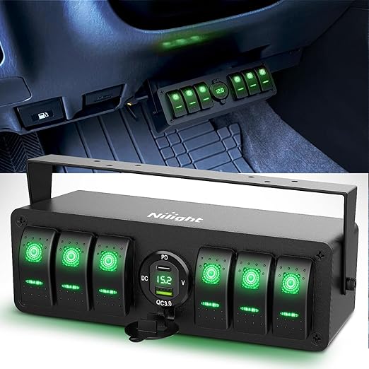 Nilight 6 Gang Rocker Switch Box 12V SPST ON Off Toggle Switches PD Type C and QC 3.0 USB Charger Voltmeter LED Light Waterproof Aluminum Mount Bracket Panel DIY Stickers for Boat Car RV Truck