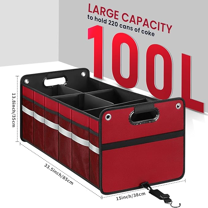 Car Trunk Organizer, Car Storage Organizer, Collapsible Multi Compartment for Car, Suv, Sedan, Truck, 100L, Extra Larger (Red, 100L)