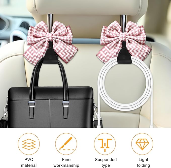 Cute Bow Car Seat Headrest Hooks, 2PCS Multifunctional Vehicle Rear Seat Hanging Hooks, Automotive Interior Seatback Storage Organizer for Purses Bags, Universal Fit (Pink/Houndstooth)