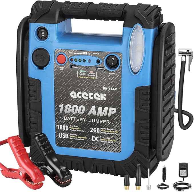 1800 Amp Jump Starter with Air Compressor, acetek Car Battery Jump Box 260 PSI Tire Inflator, 20000 mAh 12V Auto Lead-Acid Battery Booster (Up to 6L Gas or 6L Diesel Engine) with LED Light & USB