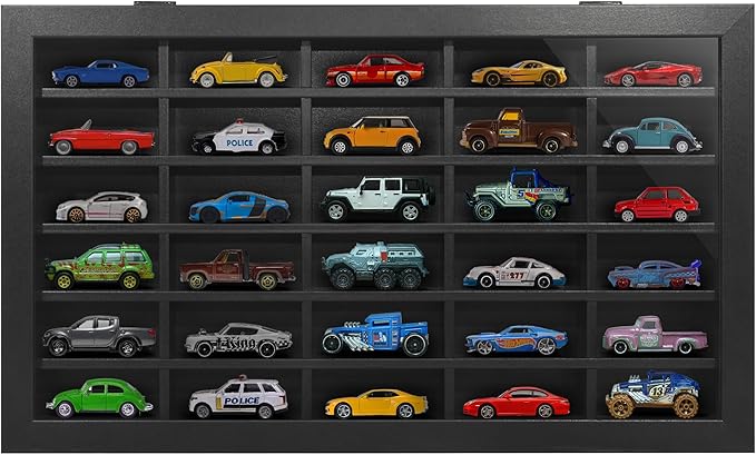 Americanflat 11x18 Toy Car Display Case - Holds up to 30 Cars - Model Car Displays with Removable Shelves and Shatter-Resistant Glass - Wall Mounted Display Cases for Collectibles - Black