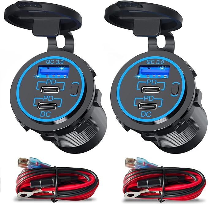 USB C Car Charger Socket 12V USB Outlet 2 Pack,78W RV USB Outlet Dual 30W PD USB-C and 18W QC3.0 Car USB Port with Button Switch Waterproof for Car RV Boat Marine Truck Motorcycle ect