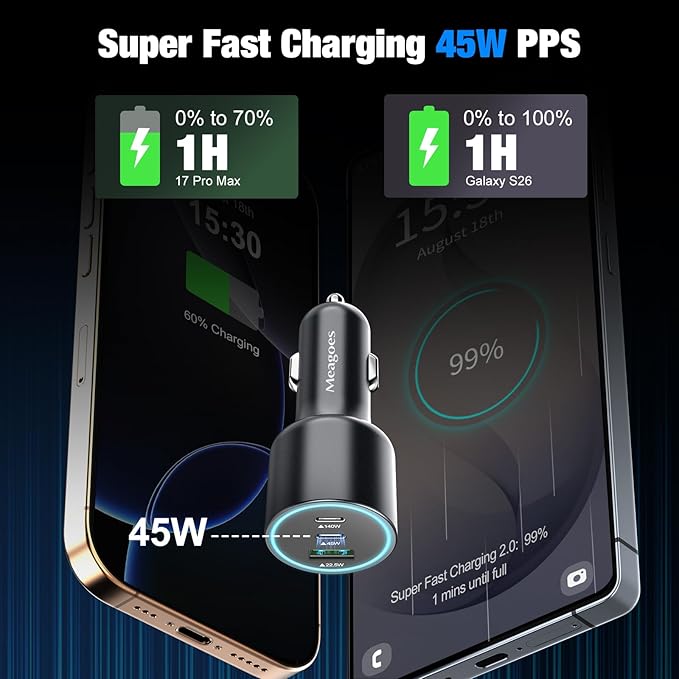 140W USB C Car Charger, Super Fast Charging for iPhone 17 Pro Max/16/MacBook Pro/Air/Samsung S26, Drone, Laptop, Starlink Mini, PD3.1 & PPS 45W Type C Cigarette Lighter Adapter with 100W E-Mark Cord