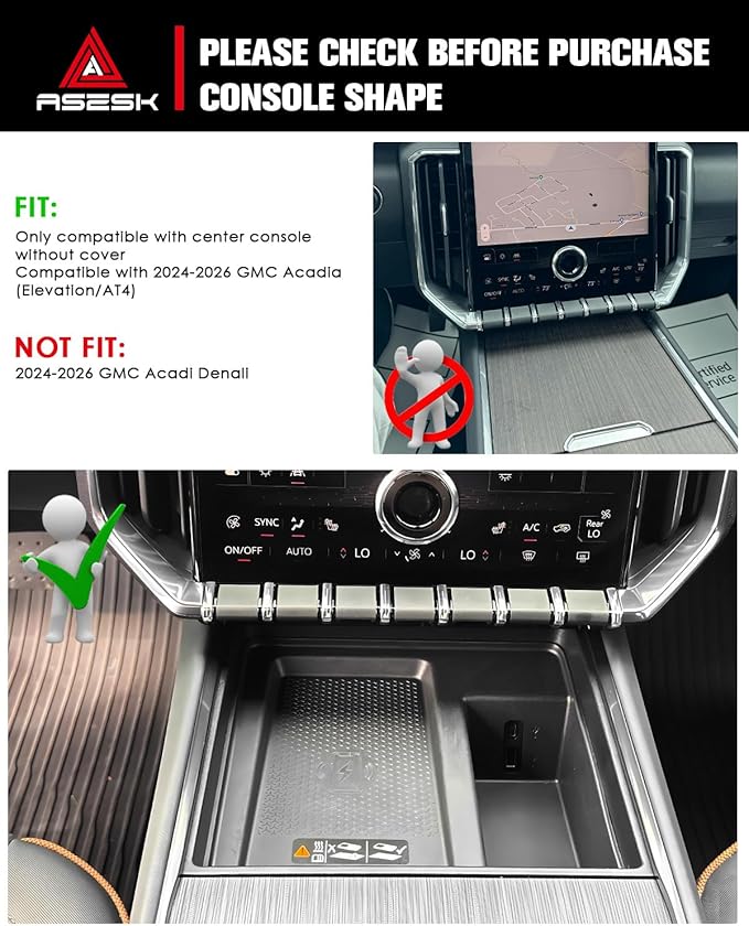 for 2024~2026 GMC Acadia (Elevation/AT4) - Only Compatible with Console Without Cover 2Pcs Center Console Organizer Tray ABS Materials& TPE Wirless Mats Storage Box