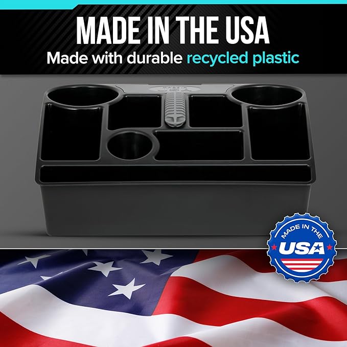 Vehicle Seat Organizer Car Storage Caddy with Carrying Handle, 2 Large Cup Holders, 10 Compartments, Hidden Extra Storage, Fits Most Vehicles, Made in USA from Recycled Plastic