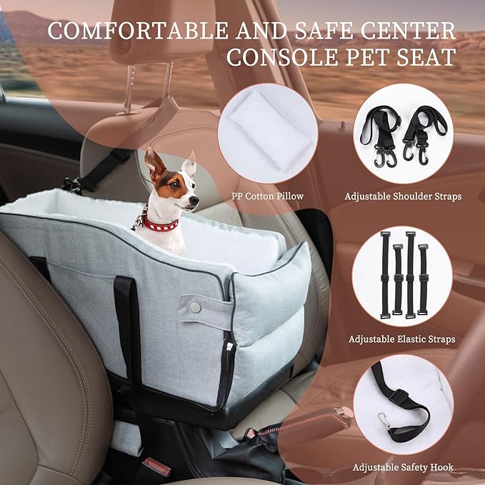 Center Console Dog Car Seat for Small Dogs Up to 12lbs,Portable Middle Console Dog Booster Car Seat with Adjustable Straps, Storage Pocket & Safety Leash
