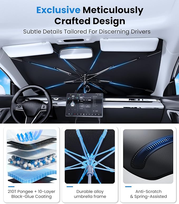 PEMOTech 2026 Upgraded Versatile Car Umbrella Windshield Sun Shade for Four-door sedan and Large | Keep Cool & Protect Interior | Reliable UV Blocker&Heat Shield | Car Window Shades | Medium (57"x32")