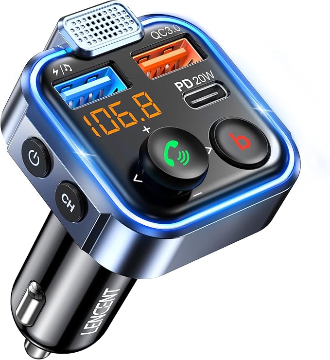 LENCENT FM Transmitter in-Car Adapter, Type-C PD 20W+ QC3.0 Fast USB Charger, Wireless Bluetooth 5.3 Radio Car Kit, Hands-Free Calling, MP3 Player Receiver Hi Fi Bass, Support U Disk