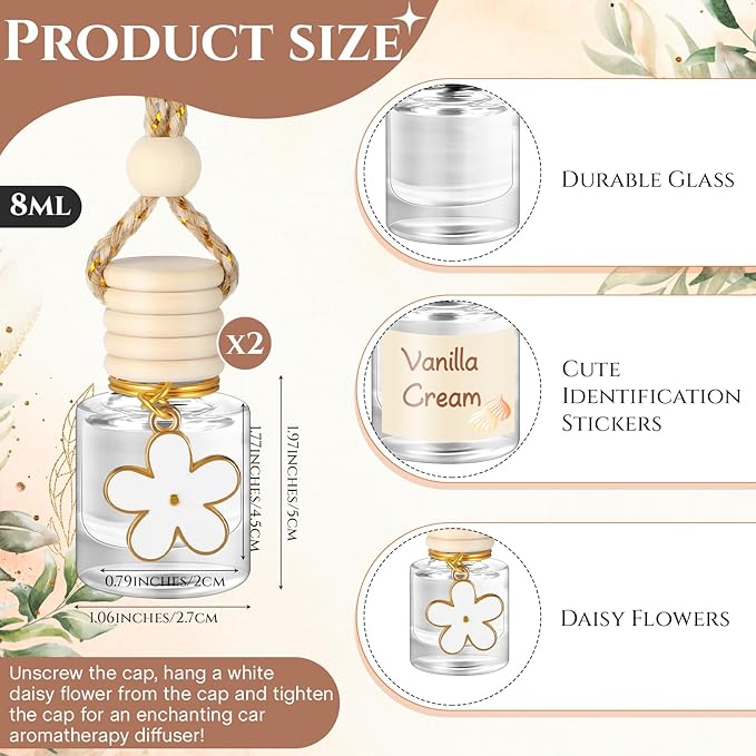 Siifert 2 Sets Hanging Car Air Freshener and Essential Oil Diffuser, Car Air Freshener Daisy Essential Oil Diffuser Long Lasting Automobile Aromatherapy(White,Vanilla Cream)