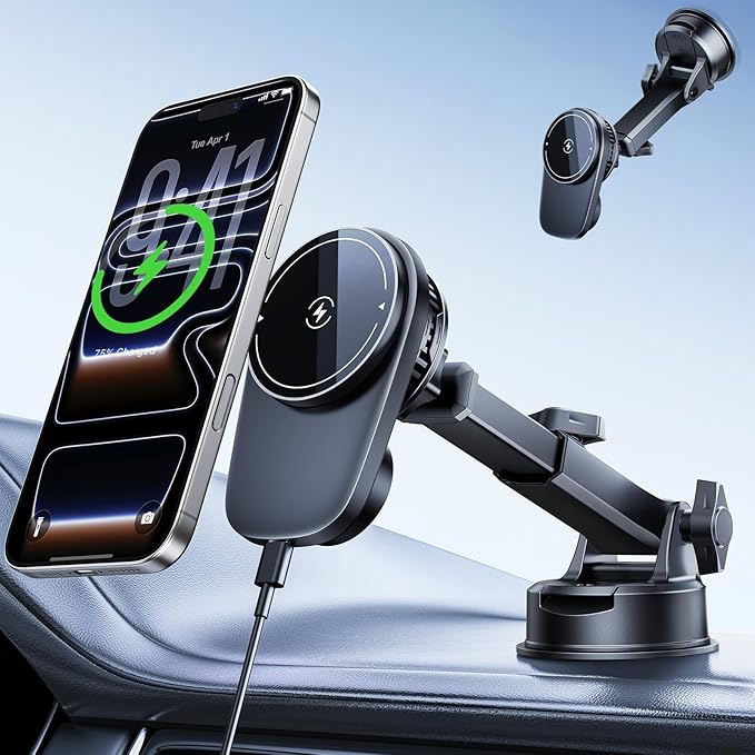 Wireless Magnetic Car Phone Holder Mount with Cooling Fan & RGB Lights, 15W Fast Charging Auto-Rotate Suction Cup Charger for iPhone 17/16/15/14/13 S25 Samsung, Car Dashboard/Windshield Mount