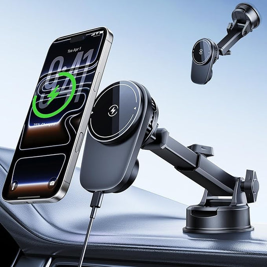 Wireless Magnetic Car Phone Holder Mount with Cooling Fan & RGB Lights, 15W Fast Charging Auto-Rotate Suction Cup Charger for iPhone 17/16/15/14/13 S25 Samsung, Car Dashboard/Windshield Mount