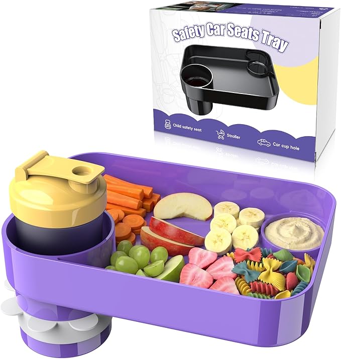 Kids Car Travel Tray Square for Kids Car Seat Snacks Trays, Car Seat Tray with Cup Holders for Toddler, Stroller, Tesla Travel Must Have (purple)