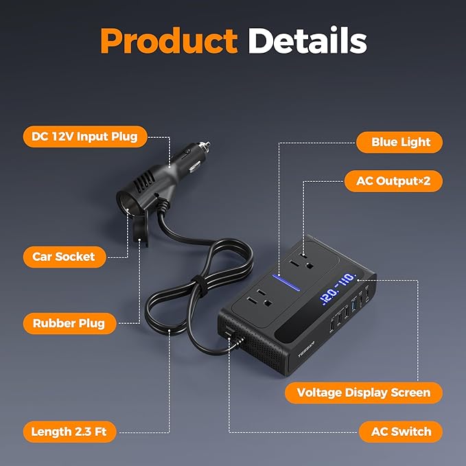 200W Car Power Inverter, TESSAN 12V DC to 110V AC Converter with 2 AC Outlets and 6 USB Ports with 65W USB-C, Car Charger Adapter PD/QC 3.0 Fast Charging, Car-Essentials for Camping, Road Trip, Black