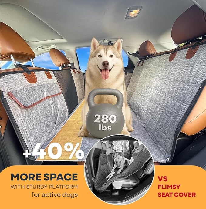 APetsPlanet Backseat Extender for Dogs, Dog Seat Cover Hard Bottom for Car Backseat & Truck Travel Bed, Platform Hammock Mat Converts Rear Seat Into Backseat Bed, Grey with Door Covers