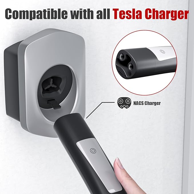 Tesla Charger Holder, Car Tesla Charging Cable Organizer | Nozzle-Holster Dock| Wall Mount| Screws| NACS| Silver-| Electric Vehicle Holder & Wallbox Accessories for Tesla Owners