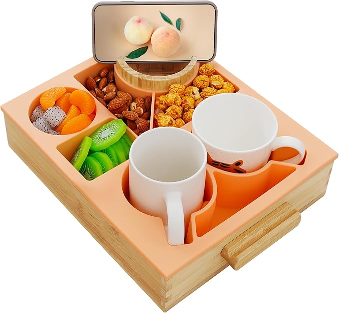 Nnewvante Snack Cup Couch Caddy, 8 in 1 Divided Serving Tray with Handle for Sofa Bed RV Car Organizer Caddy Movie Night Snack Trays, Bamboo and BPA Free Silicone, Peach