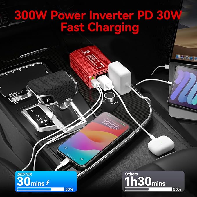 BESTEK Power Inverter DC 12V to AC 110V - 300W Car Plug Adapter Outlet with PD30W Type C & 18W USB A Port - Car Charger Cigarette Lighter Adapter for Phone, Laptop on Road Trip - Aluminum Housing