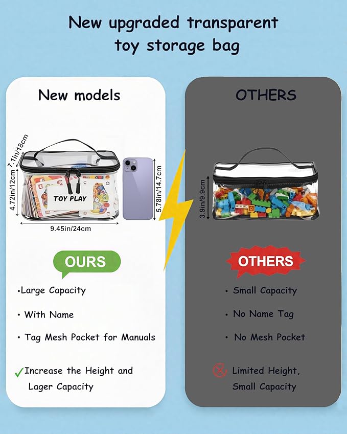 6 Pack Extra Large Clear Toy Storage Bags with Tag & Pocket – Versatile Waterproof Organizer Bags for Lego Bricks, Board Games, Building Blocks, Puzzles, Dolls, Books (Black-M Size-6 Pack)