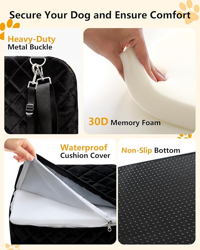 Dog Car Seat for Small/Medium Dogs Up to 35lbs, 2-in-1 Pet Car Seat with Memory Foam, Detachable Washable Dog Bed for Cars, Pet Booster Carseat with Storage Pockets Fits Front/Back Seats (Black/Grey)