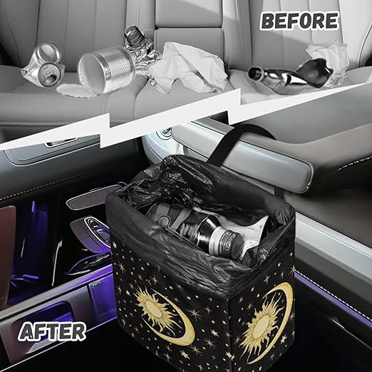 Car Trash Bag Hanging, Sun Moon Stars Pattern Garbage Bag and Water Resistant Trash Can for Car, Leakproof Trash Can for SUV Truck Car Accessories(Black)