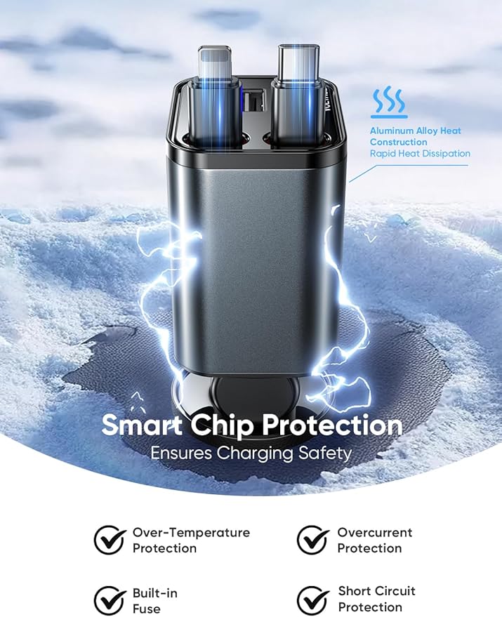 MAGIC JOHN Retractable Car Charger, 4 in 1 Fast Charging Car Phone Charger, 69W USB-C Car Truck Accessories, Travel Essentials Gifts for Women Men, for iPhone 17 ProMax/16/15/14/13/12, Samsung Galaxy