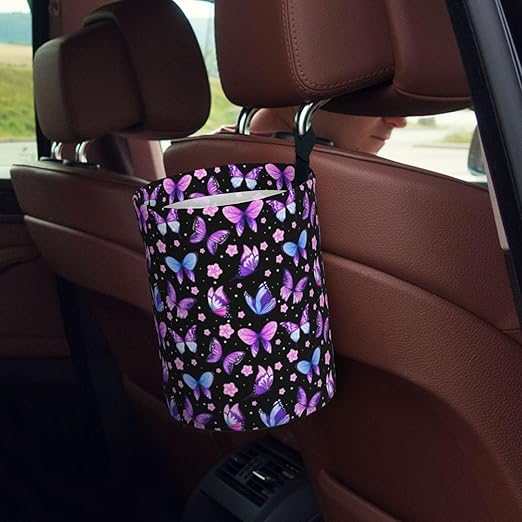 Car Trash Bag Butterfly Purple Hanging Back of Seat Car Portable Trash Bag Butterfly Purple Waterproof One-Handed Portable Strap Drawstring Garbage Bags 2 Pieces Car Coasters