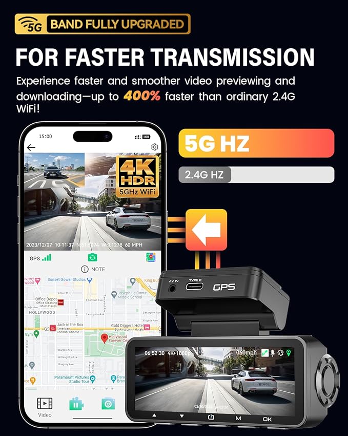 FOCUWAY Dash Cam Front and Rear, Real 4K@30fps/2K@60fps+1080P@30fps Dash Camera for Car, Touchscreen, Voice Control, with GPS WiFi, HDR Night Vision, 64GB Card, 160 Wide Angle, 24H Parking Mode