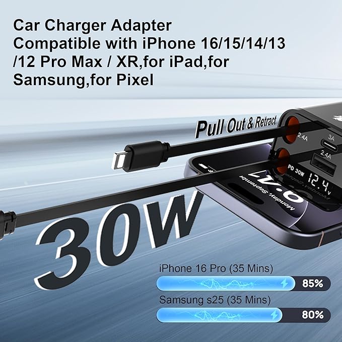 OneFish Starlight Fast Car Charger, 4 in 1 Cigarette Lighter Chargers with USB Type C Ports Retractable Cord Display, for iPhone 17 16 15 14 Pro Max Plus/iPad, Car Truck Essentials Gift for Women Men