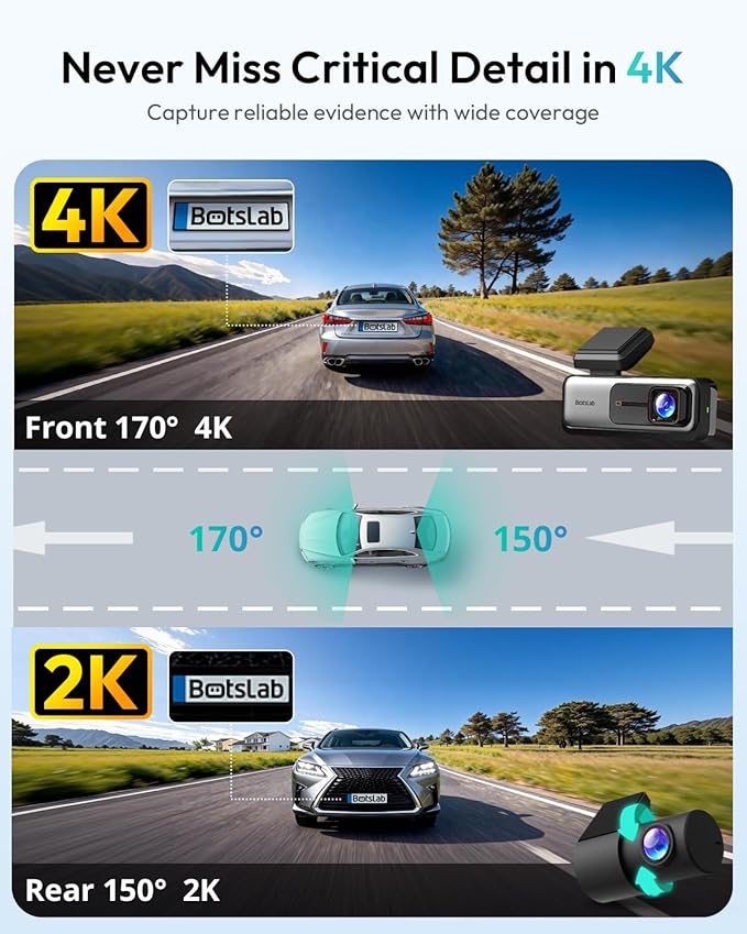 BOTSLAB 4K Dual Dash Cam Front and Rear, IMX415 STARVIS Sensor, True 4K+2K Dash Camera with 170°Wide Angle, Night Vision, 24H Parking Mode, Built-in 5.8GHz WiFi & GPS (No SD Card)