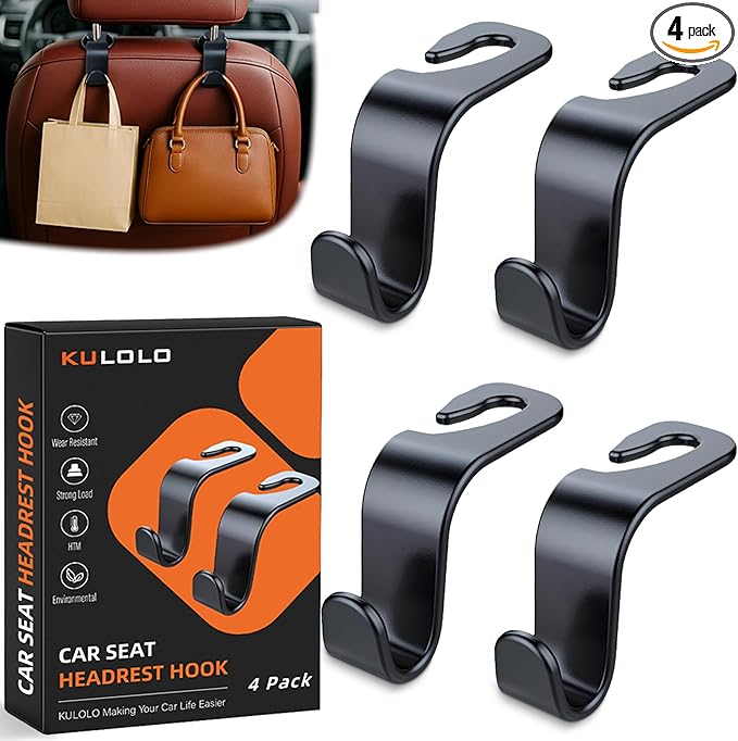 Car Seat Hooks & Purse Holder - 4 Pack Boxed,55 lb Heavy Duty,Eco PP Car Hooks for Purse/Bag/Baby Gear/Gym Bag/Groceries/Cup/,Fits 0.32-0.55”Car Headrest Rods (Black)