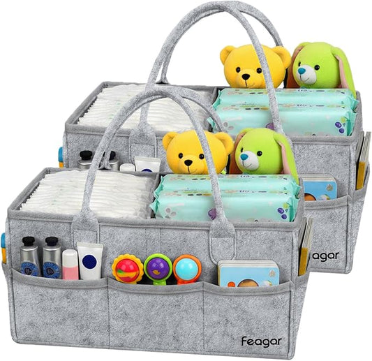 Feagar Baby Diaper Caddy Organizer, 15 Inch Large 2 Pack Set with 8 Pockets & 2 Dividers, Portable Nursery Storage Basket & Car Organizer for Changing Table, Travel (Grey)