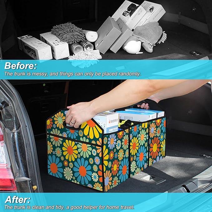 Hippie Flower Car Trunk Storage Box with Pockets Car Accessory for SUVs Cars Automotive Organizer