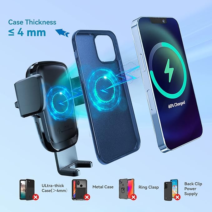 Wireless Car Charger, 15W Qi Fast Wireless Charging Phone Mount, Auto Clamping Air Vent Car Phone Holder for iPhone 14/13/12/11/X, Samsung Galaxy S22/S20/S10/S9/Note20/10/9, etc