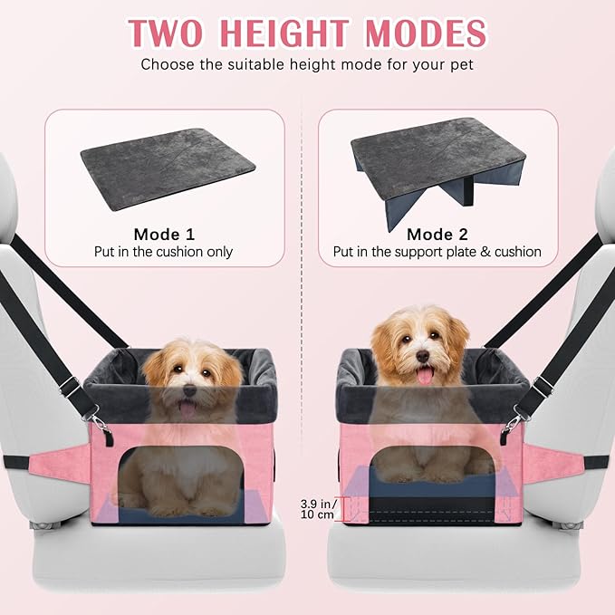 PetsHome Dog Car Seat for Small Dogs, Detachable Washable Pet Booster Seat with Storage Pocket, Breathable Mesh, Safety Leash, Adjustable Straps for Small Pets Up to 25lbs-Pink
