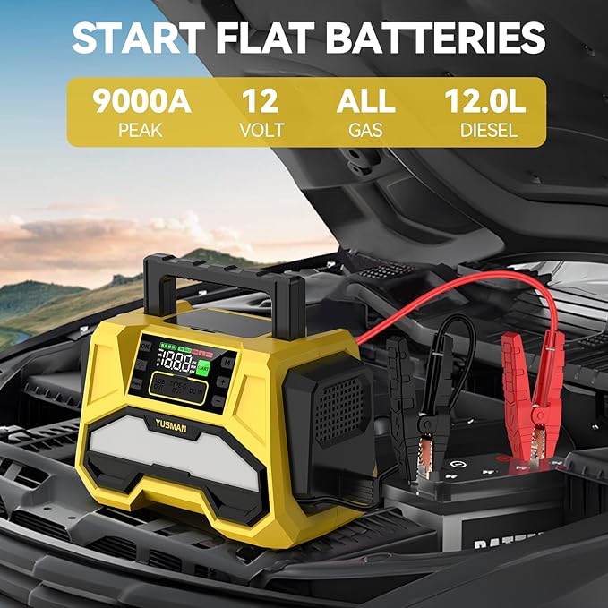 Jump Starter with Air Compressor, 9000A 150PSI Car Jump Starter, 24000mAh Portable Jump Starter Pack(All Gas/12.0L Diesel), 12V Battery Jump Starter with Display, USB Port, 2 LED Light