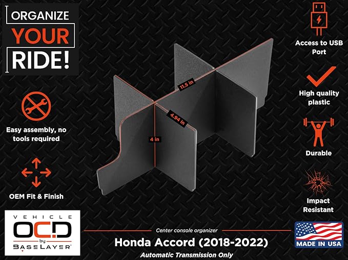 Vehicle OCD - Center Console Organizer for Honda Accord (2018-2022) (Automatic Transmission only) - Made in USA - SLX172