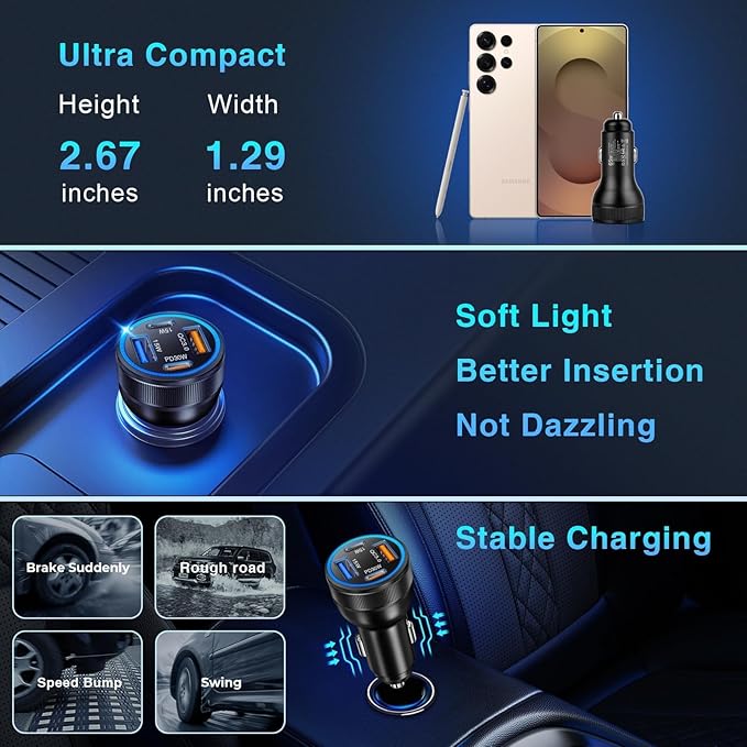 5-Pack USB C Car Charger,Ancekoy 4 Ports 65W Fast Charging Type C Car Charger with USB-C & USB-A, PD 3.0/QC 3.0 Cigarette Lighter Adapter for iPhone 17/16/15/14/13, Galaxy S25/S24 Ultra