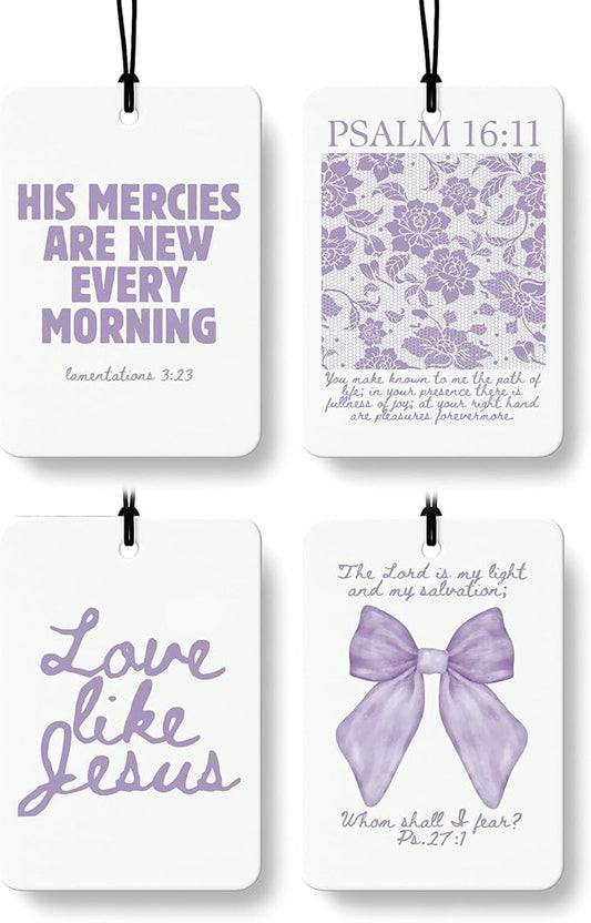 Purple Christian Car Air Freshener 4 Pcs, Girly Pink Bow Floral Religious Hanging Air Freshener for Cars Closet Drawer Books, Cute Preppy Christian Car Accessories Mirror Decor for Women